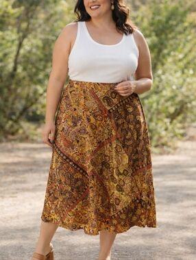 Boho Paisley Patchwork Midi Skirt Women Size 16 Lined Fall Colors